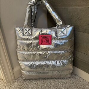 Justice Metallic Silver Tote with Pink Accent